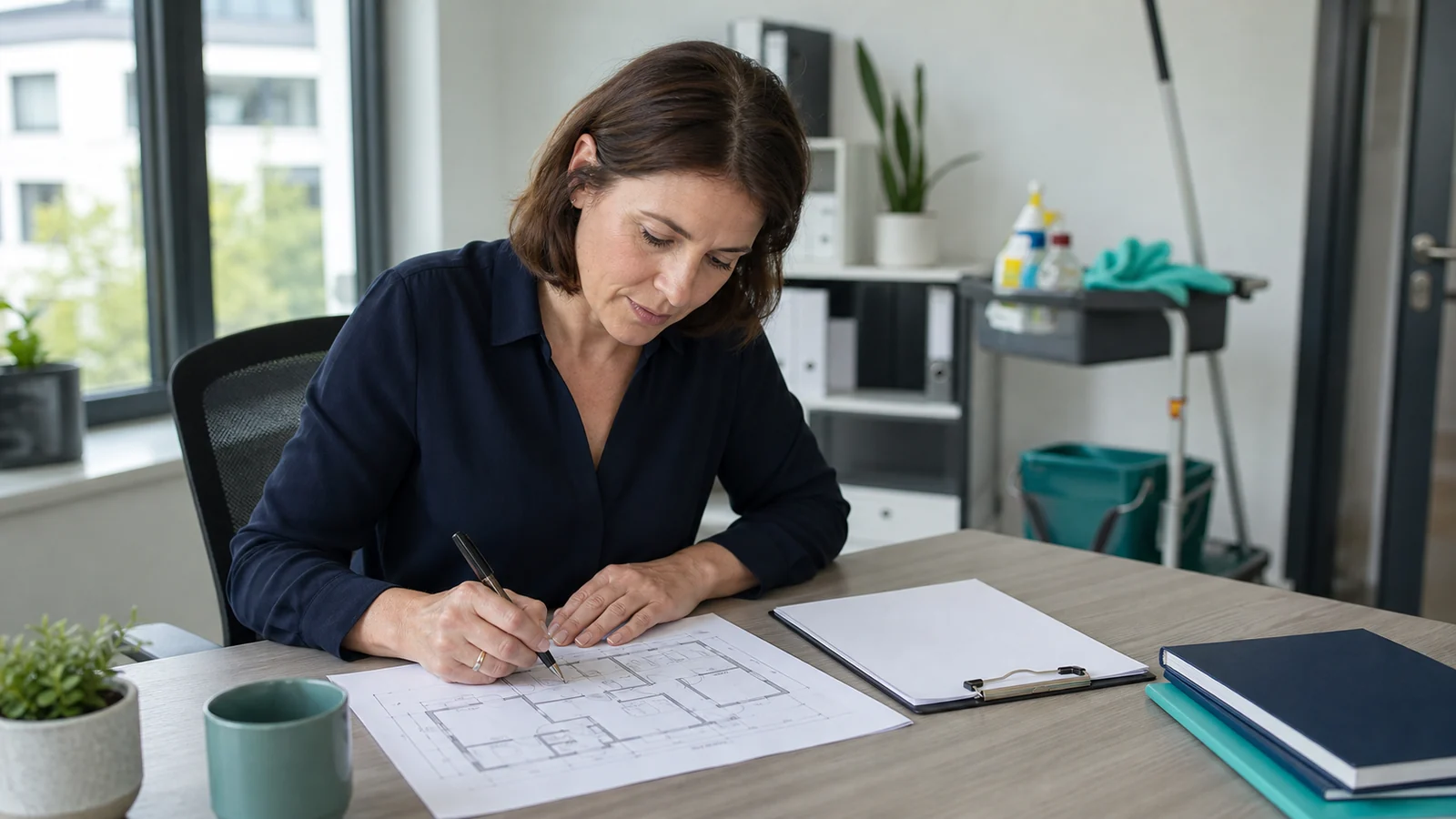 Responsable de bureau préparant un cahier des charges de nettoyage