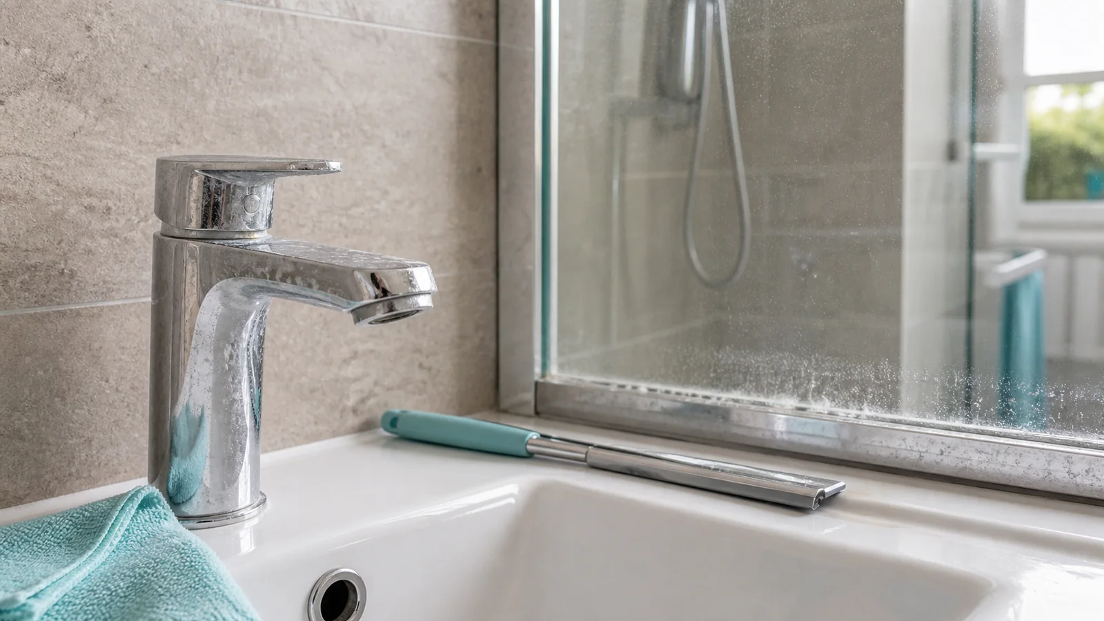 Traces de calcaire sur un robinet chromé et une paroi de douche au Luxembourg