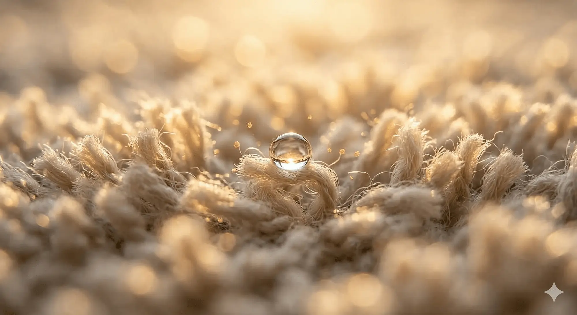 Fibres de moquette en gros plan avec goutte d'eau - nettoyage professionnel moquette Luxembourg