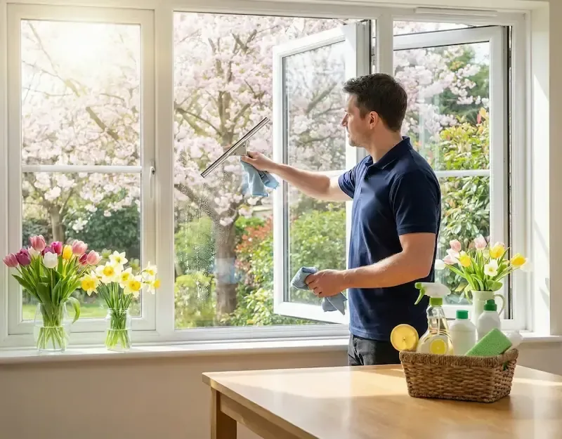 Man cleaning an open window overlooking a garden in bloom