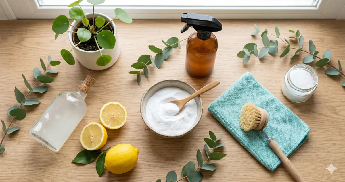 Produits menagers naturels - vinaigre, bicarbonate, savon noir, citron